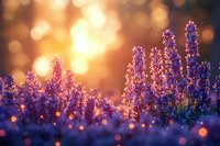 Purple lavender flowers blooming in golden sunset light with dreamy bokeh background creating magical atmosphere for wellness and relaxation themes.