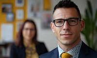 Confident middle-aged Caucasian businessman wearing glasses and yellow tie smiles at camera in modern office setting with female colleague in background.