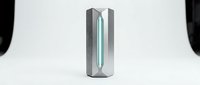 Modern air purifier with sleek gray and white design featuring vertical turquoise accent stripe, isolated on white background for product design and home appliance marketing use.