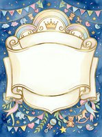 Ornate cream and gold frame with crown on blue background featuring bunting, stars, teddy bears, and decorative ribbons. Isolated design element ready for invitations, posters, and children's stationery projects.