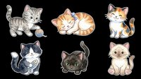 Cute kittens and cats collection isolated on transparent background. Six playful cartoon felines in various poses and colors, ready for t-shirt designs, stickers, clipart, and print-on-demand products.