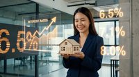 Woman real estate agent holding wooden house model with interest rate percentages displayed on glass background in modern office.