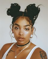 Young African American woman with space buns hairstyle, wearing white tank top and layered necklaces. Natural makeup with glossy lips and tattoos visible against neutral background.