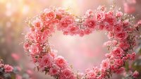 Pink roses and baby's breath arranged in heart shape with soft bokeh background creates romantic wedding or Valentine's Day atmosphere. Floral design for celebrations.