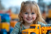 Cheerful young girl with blonde pigtails wearing green sweater plays with bright yellow toy construction trucks against colorful blurred background.