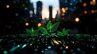 Glowing green leaves emerge from digital surface against blurred city lights background, creating futuristic nature technology concept for environmental innovation themes.