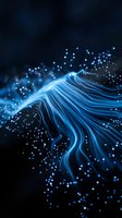 Abstract blue energy wave with glowing particles and light trails on dark background for digital art and futuristic design projects.