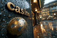 Rainy evening view of golden casino sign on textured black door with water droplets, creating atmospheric urban mood with bokeh lights reflecting on wet surface.