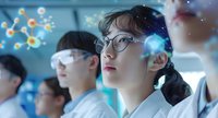 Young Asian female scientist in lab coat and glasses observes glowing molecular visualization with colleagues in modern research laboratory background.