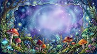 Enchanted forest clearing with glowing mushrooms, magical plants, and starry night sky with crescent moon, surrounded by lush foliage and ethereal light effects.