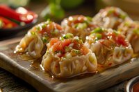 Steamed Asian dumplings topped with spicy chili sauce, fresh scallions and sesame seeds served on wooden board, close up view of traditional dim sum appetizer.