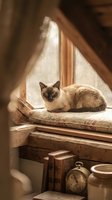 Siamese cat resting on wooden windowsill in warm sunlight, looking at camera with alert expression, vintage interior setting with books and clock below, cozy home atmosphere.