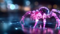 Glowing pink digital spider on dark background with bokeh lights and web strands creates futuristic cyberpunk atmosphere for technology concepts.