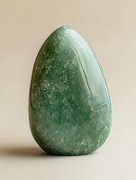 Polished green aventurine crystal egg shape on neutral background showcases natural mineral patterns and smooth surface texture for wellness and meditation practices.