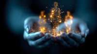 Magical glowing golden light particles rising from cupped hands against dark background, mystical energy concept for spiritual and wellness designs.