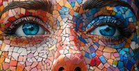Vibrant mosaic artwork featuring intense blue eyes with detailed eyelashes against colorful geometric fragments in red, blue, and orange tones creating facial features.