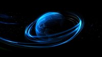 Glowing blue light trails orbit around dark planet against black space background creating dynamic motion effect for technology and communication concepts.