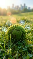 Green moss-covered Earth globe in grass field with renewable energy icons floating above, representing sustainable development and environmental protection.