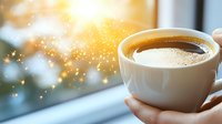Fresh coffee in white cup with morning sunlight and bokeh sparkles through window, hands holding warm beverage, cozy atmosphere for lifestyle blogs.