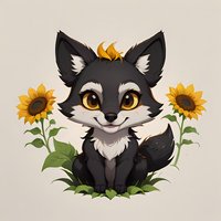 Adorable cartoon fox cub sitting among blooming sunflowers on isolated background, featuring big amber eyes and fluffy black and white fur. For children design.