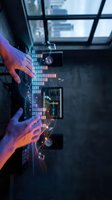 Hands interacting with holographic data visualization and digital interface in modern office with city skyline view through windows, representing technology and innovation.