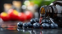 Fresh blueberries scattered on dark reflective surface with liquid pouring from brown glass bottle, creating artistic splash against blurred background with red fruits.