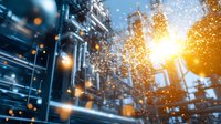 Industrial factory exterior with dramatic lighting effects, glowing sparks and particles against blue steel architecture at sunset, creating atmospheric manufacturing scene.