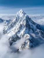 Majestic snow-covered mountain peak rising above clouds in dramatic aerial view, with rugged rocky cliffs and pristine white slopes creating striking natural contrast.