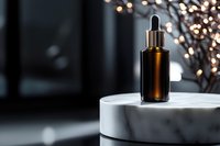Amber glass dropper bottle on white marble surface with blurred bokeh lights background, luxury skincare and wellness concept for cosmetic product display.