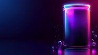Futuristic glowing cylinder with neon pink and blue lighting effects against dark background, floating geometric crystals create modern technological atmosphere.