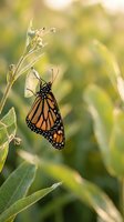 Monarch butterfly perched on wildflower in natural meadow habitat with soft bokeh background for nature and wildlife photography projects.