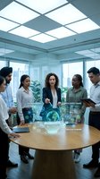 Diverse multiethnic business team analyzing holographic ESG sustainability data with glowing globe in modern office boardroom meeting.