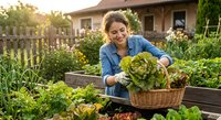 Happy woman harvesting fresh lettuce and vegetables from organic garden bed with wicker basket during golden hour sunset.