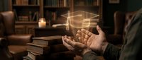 Glowing graduation cap floating above open hands in cozy library setting with books and warm candlelight creating magical educational atmosphere.