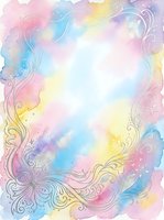 Soft pastel watercolor background with delicate silver floral swirl border, blending pink, blue, yellow and lavender hues for cards or invitations.
