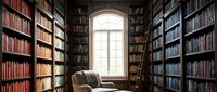 Cozy library interior with floor-to-ceiling bookshelves, comfortable reading chair and natural window light creating peaceful study atmosphere.