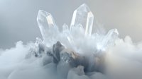 Clear quartz crystal cluster formation emerging from soft white clouds with ethereal lighting for spiritual healing meditation and metaphysical energy concepts.