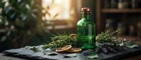Green glass bottle with essential oil surrounded by fresh lavender sprigs and dried citrus slices on dark slate surface in warm natural lighting for aromatherapy.