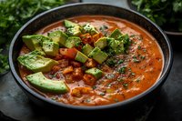 Hearty tomato soup topped with fresh diced avocado and herbs served in rustic bowl, comfort food for healthy eating and vegetarian cuisine.