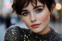 Close up portrait of young woman with blue eyes and dark hair wearing sparkly sequin dress, soft natural makeup and gentle smile against blurred city lights background.
