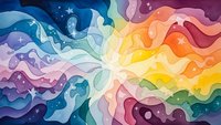 Abstract colorful flowing waves with rainbow gradient and sparkles creating dynamic movement for creative design projects and backgrounds.