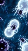 Glowing microscopic organisms with flagella and spiky surfaces floating in deep blue liquid environment, suitable for medical, scientific, and educational content.