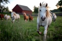 White horse galloping in green pasture with red barn and other horses in background during sunset, creating peaceful rural farm atmosphere.