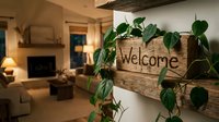 Rustic wooden welcome sign decorated with green ivy leaves, mounted on wall with cozy living room interior in warm light background.