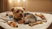 Terrier mix dog resting on cushioned bed surrounded by plush toys and chew toys in warm home interior lighting.