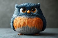 Adorable round blue and orange owl character with big expressive eyes and fluffy feathers against dark background, suitable for children's book illustration.