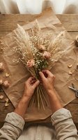 Florist arranging dried pampas grass, baby's breath, and blush roses in kraft paper wrapper on wooden table for wedding or event decoration.