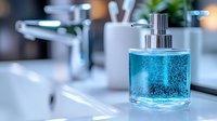 Elegant glass soap dispenser with blue liquid on white bathroom counter, chrome fixtures in background, modern minimalist hygiene accessories.