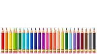 Sharpened colored pencils arranged in a row displaying a full spectrum of vibrant hues from red through yellow, green, blue, purple, orange and neutral tones. Isolated on white background, ready for design use.