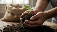 Elderly hands gently protecting young green plant seedling growing from rich soil. Concept of environmental care, sustainable agriculture and nurturing growth.